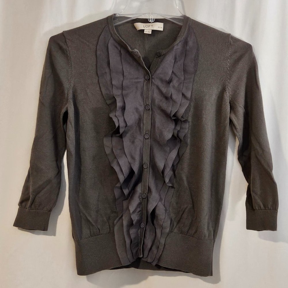 Ann Taylor Loft - Gray Ruffle Front Cardigan - Size Petite S